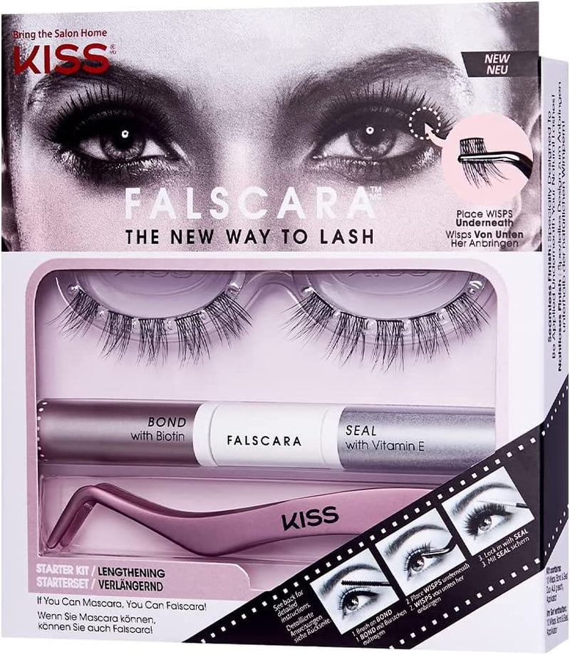 KISS Falscara DIY Lash Extension Starter Kit with 10 Eyelash Lengthening Wisps, Applicator and Bond & Seal – Artificial Featherlight Synthetic Reusable Lash Clusters with Super Hold Microbands