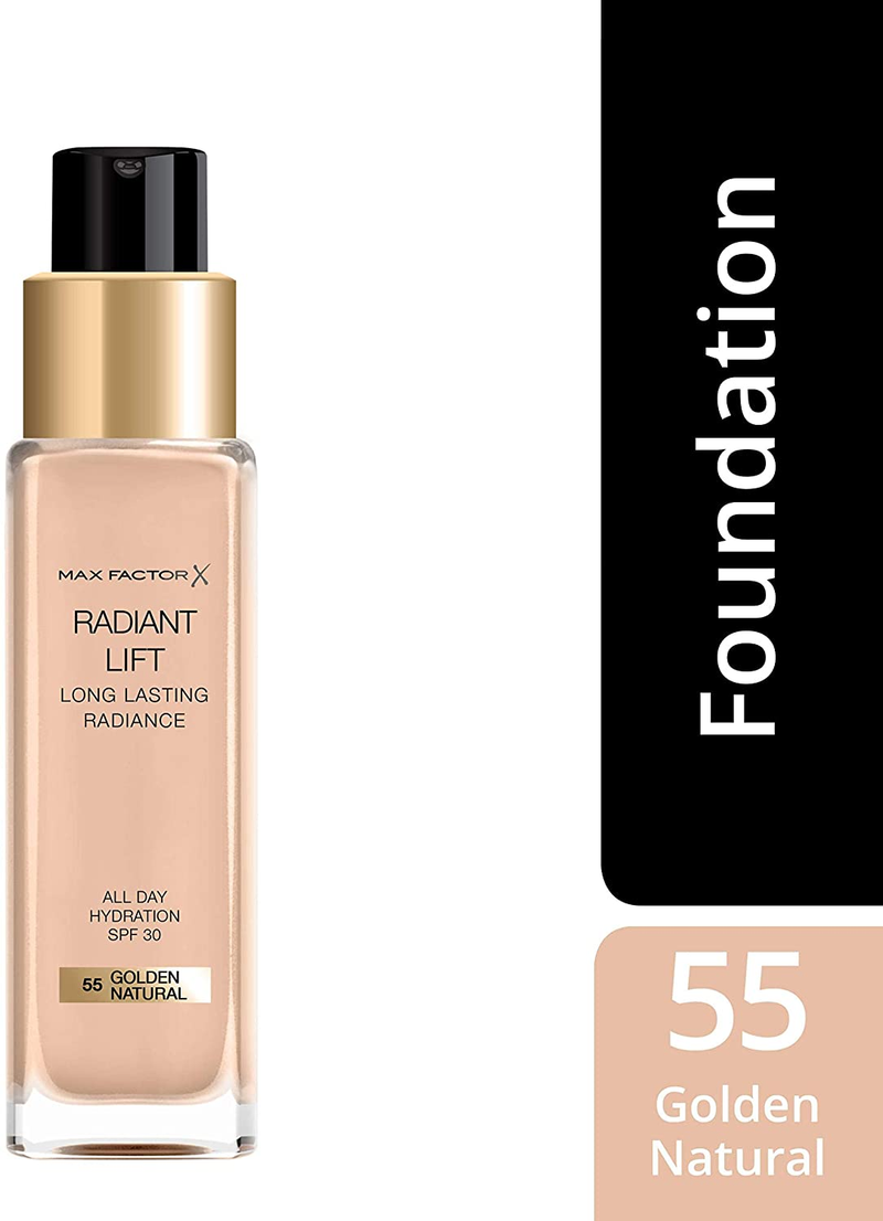 Max Factor Radiant Lift Liquid Pump Medium to Full Coverage Radiant Finish Foundation with SPF30 and Hyaluronic Acid, 055 Golden Natural, Medium Skin Tone, 30Ml