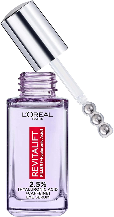 L'Oréal Paris 2.5% Hyaluronic Acid and Caffeine Eye Serum, Revitalift Filler Eye Serum, Replumps, Brightens and De-Puffs Eyes – 20Ml