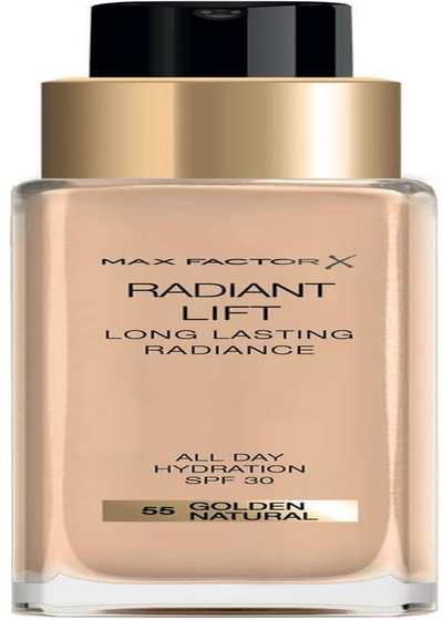 Max Factor Radiant Lift Liquid Pump Medium to Full Coverage Radiant Finish Foundation with SPF30 and Hyaluronic Acid, 055 Golden Natural, Medium Skin Tone, 30Ml