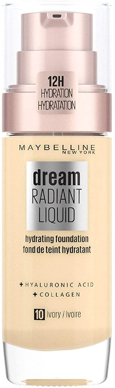 Maybelline Foundation, Dream Radiant Liquid Hydrating Foundation with Hyaluronic Acid and Collagen - Lightweight, Medium Coverage up to 12 Hour Hydration - 10 Ivory