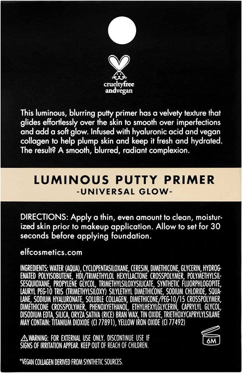 e.l.f. Luminous Putty Primer, Skin Perfecting, Lightweight, Silky, Long Lasting, Hydrates, Creates a Smooth Base, Illuminates, Plumps, Infused with Hyaluronic Acid and Vegan Collagen, 21G