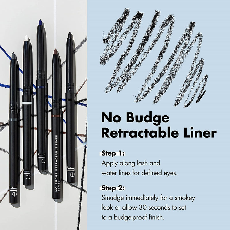 e.l.f. No Budge Retractable Eyeliner, Creamy & Ultra-Pigmented, Waterproof, Creates Bold & Defined Lines, Black, 0.006 Oz (0.18G)