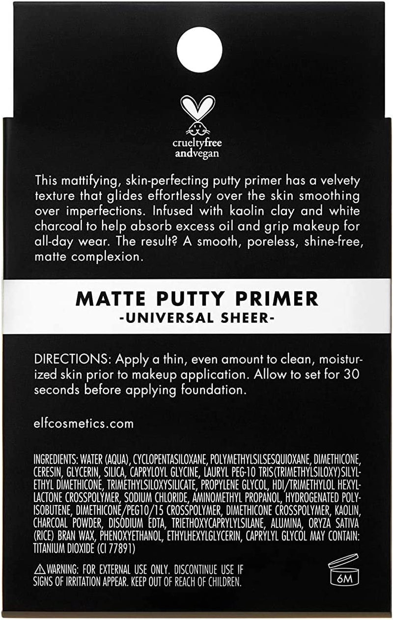 e.l.f. Matte Putty Primer, Skin Perfecting, Lightweight, Oil-Free Formula, Mattifies, Absorbs Excess Oil, Fills in Pores and Fine Lines, Soft, Matte Finish, All-Day Wear, 21G