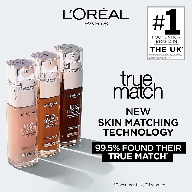 Paris True Match Liquid Foundation, Skincare Infused with Hyaluronic Acid, SPF 17, Available in 40 Shades, 0.5C Porcelain Rose, 30 Ml